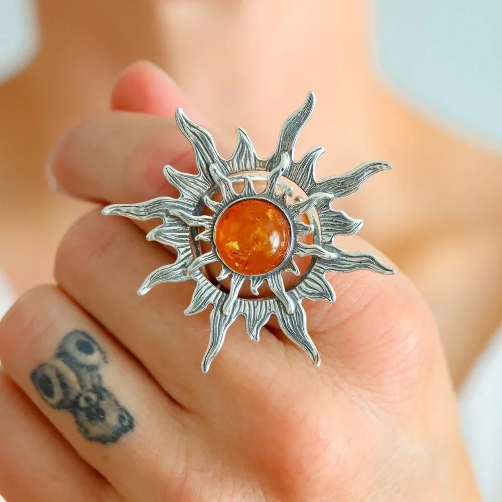 Baltic Amber Sun Ring in 925 Sterling Silver- Adjustable Size
